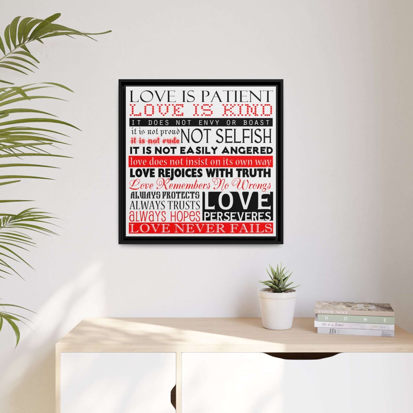 Elegant Black Framed Canvas with Inspirational Verse - Love is Patient, Love is Kind | Art & Wall Decor,Canvas,Decor,Eco-friendly,Framed,Hanging Hardware,Home & Living,Summer Picks,Sustainable